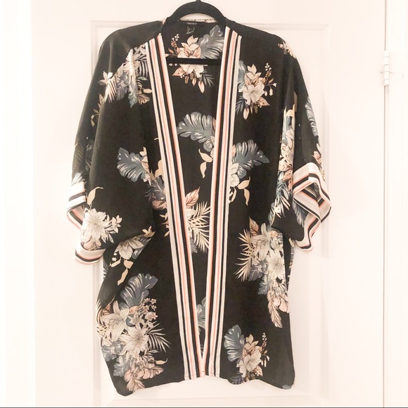 Forever 21 Tops - Floral Print Chiffon Striped Trim Kimono